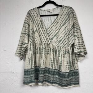 Weekend Susan Betro Green Cream Boho Peplum Blouse Womens XL Faux Wrap Top